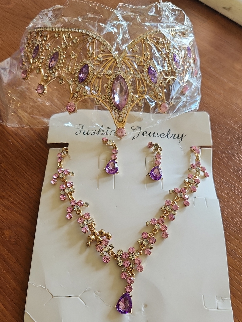 Gold-Tone Purple & Pink Gem Tiara Set - Women Accessories